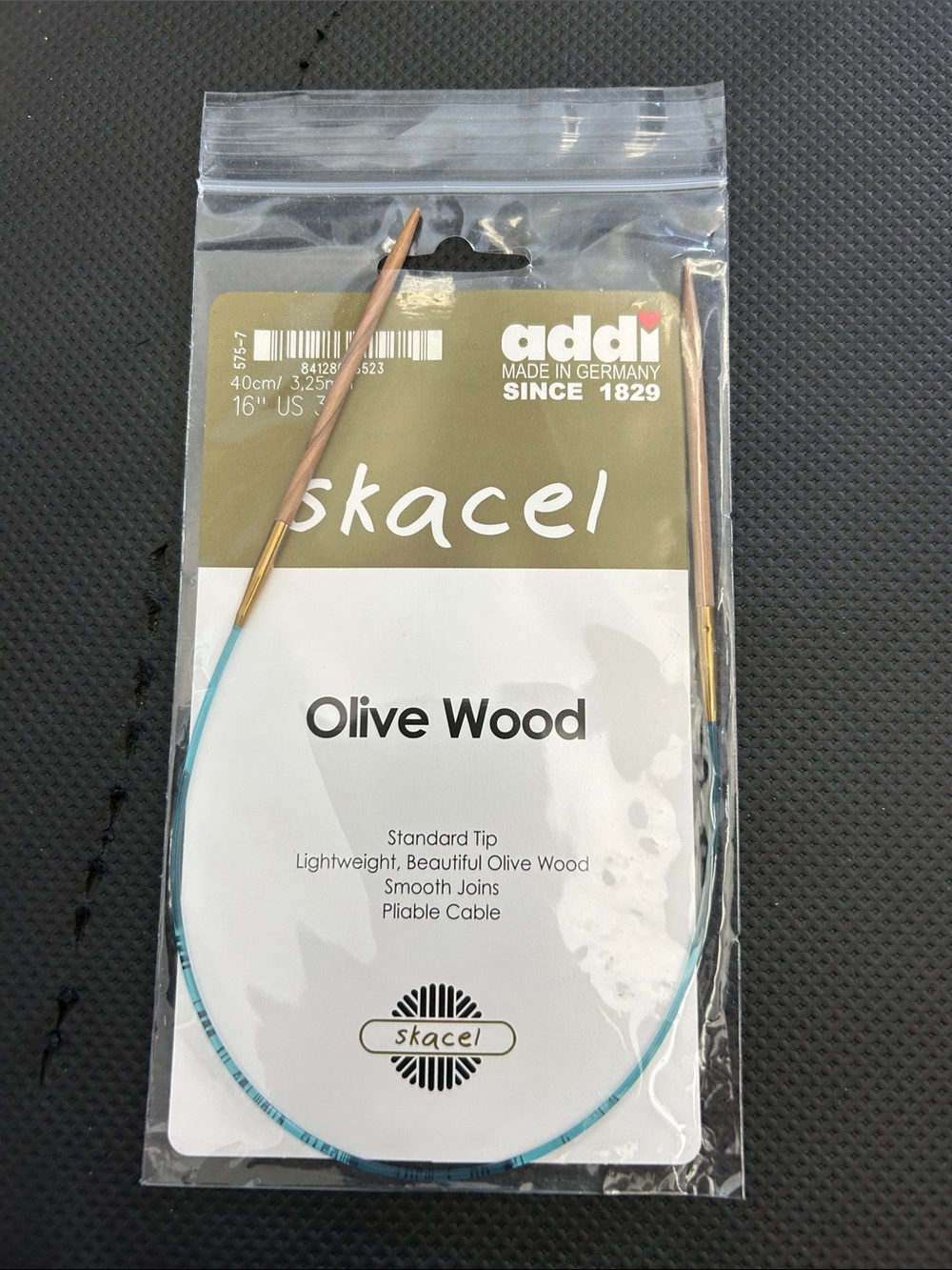 addi Olive Wood Circular Needles with Teal Cable US 3 (3.25mm) 16”